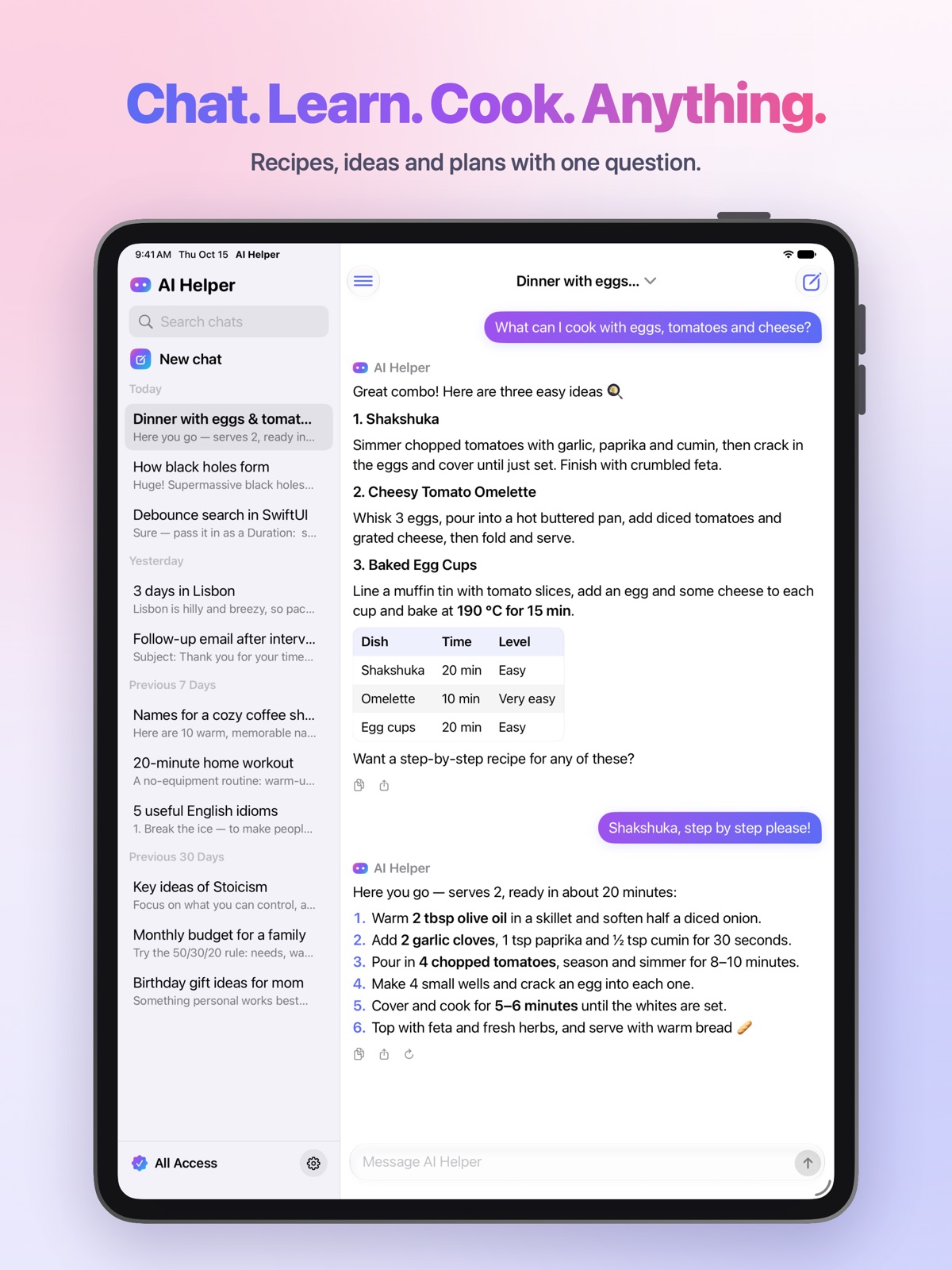 AI Helper on iPad with the chat history in a sidebar next to the conversation