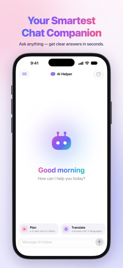 AI Helper welcome screen on iPhone with the mascot, a greeting and prompt suggestions