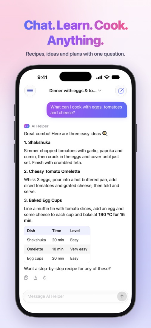 A recipe answer with a comparison table