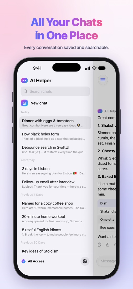Chat history grouped by date with search