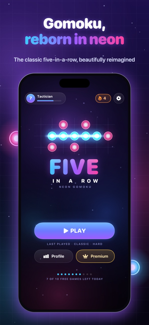 Main menu with the Five in a Row neon logo and Play button