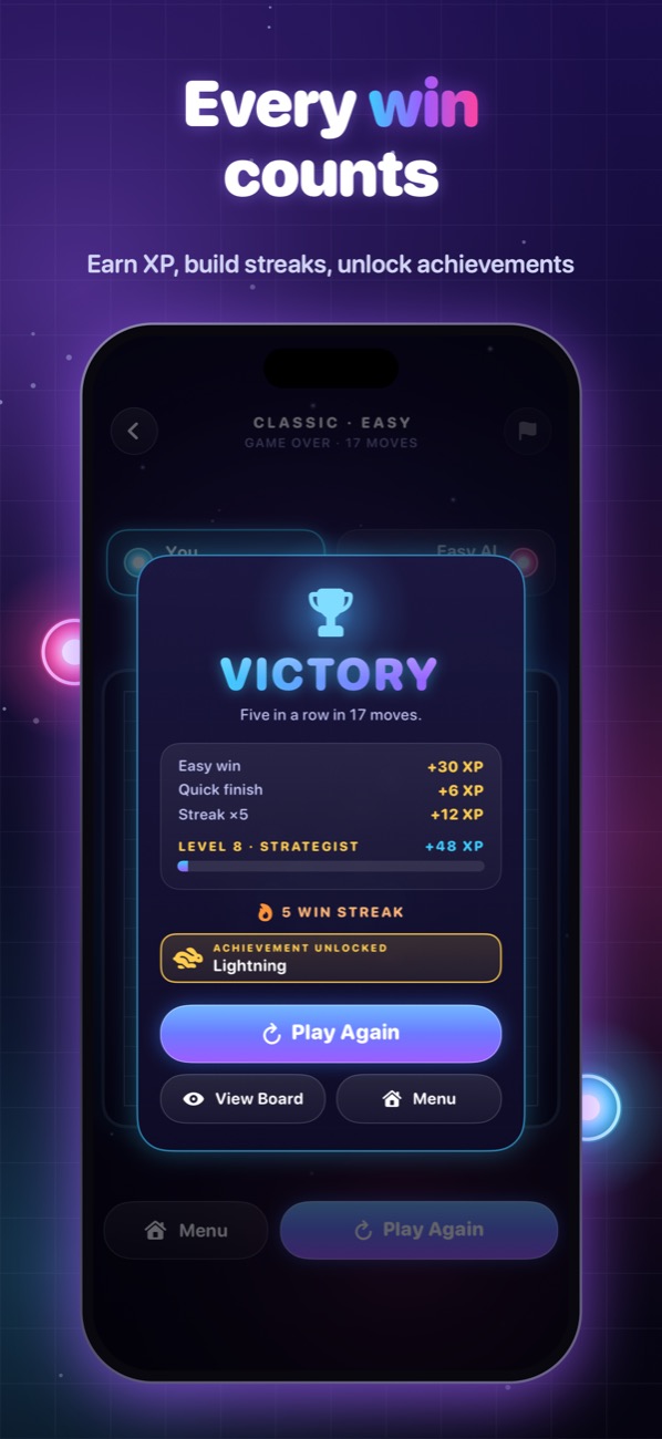 Victory card with XP earned, win streak and an unlocked achievement