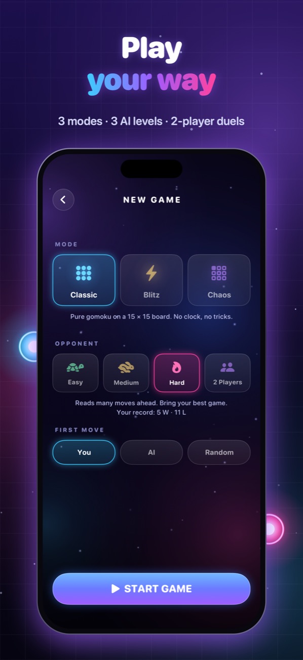 New game setup: mode, opponent and first move