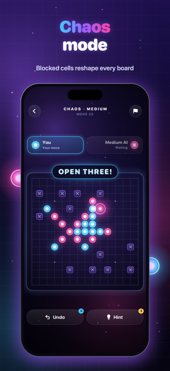 Chaos mode board with blocked cells and an Open Three call-out
