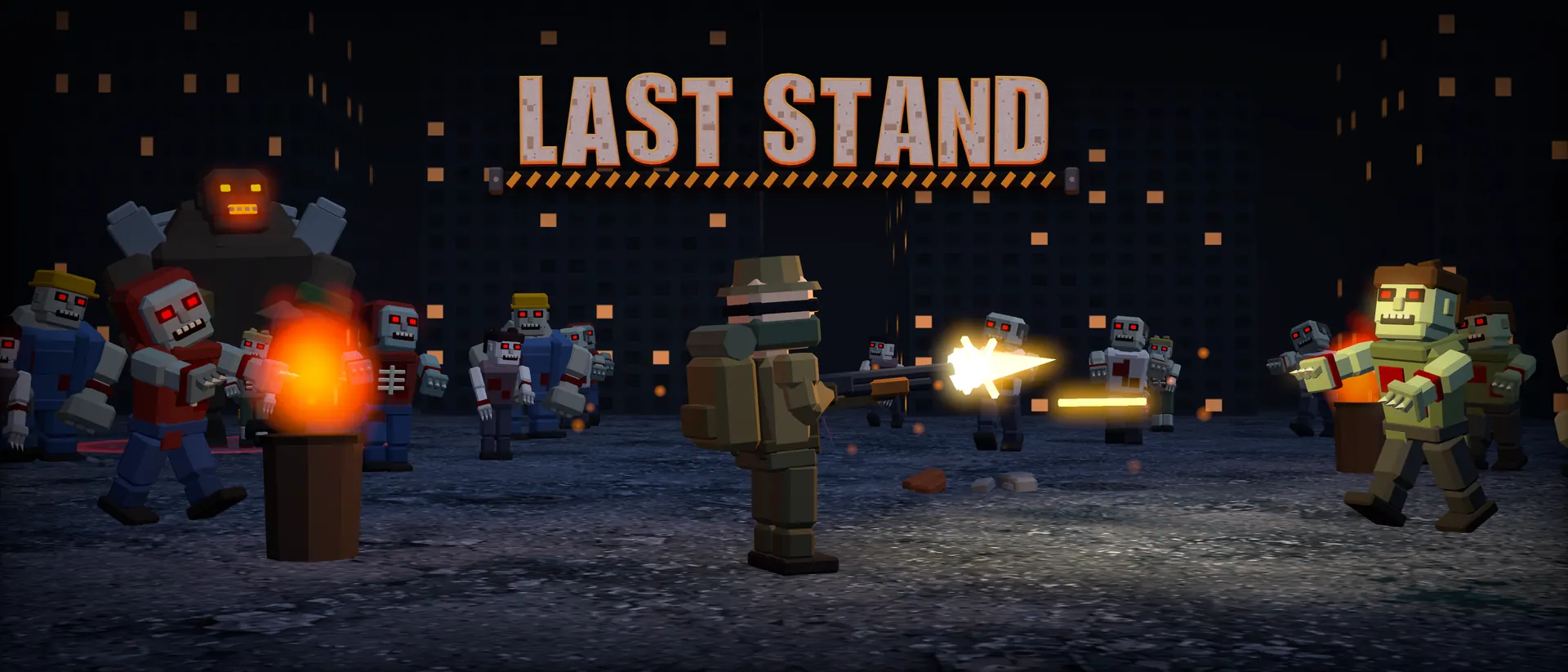 Last Stand key art: a survivor in a field hat fires a rifle at a horde of low-poly zombies lit by burning oil drums