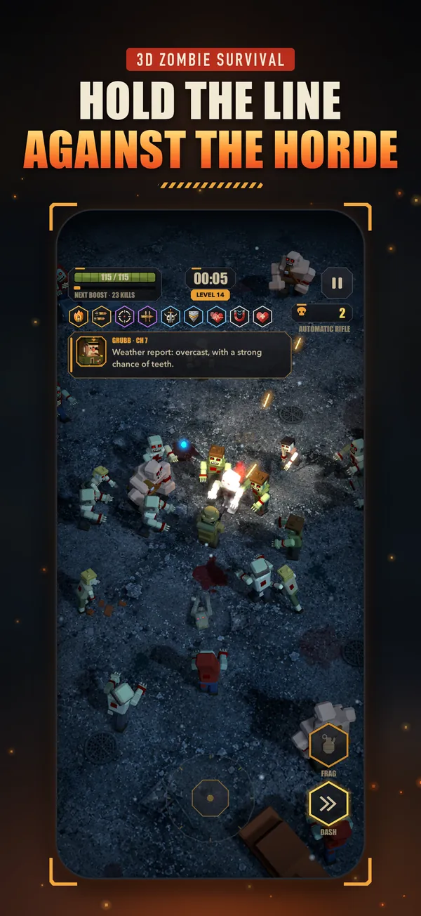 Hold the line against the horde: the survivor fights a crowd of zombies on a night street