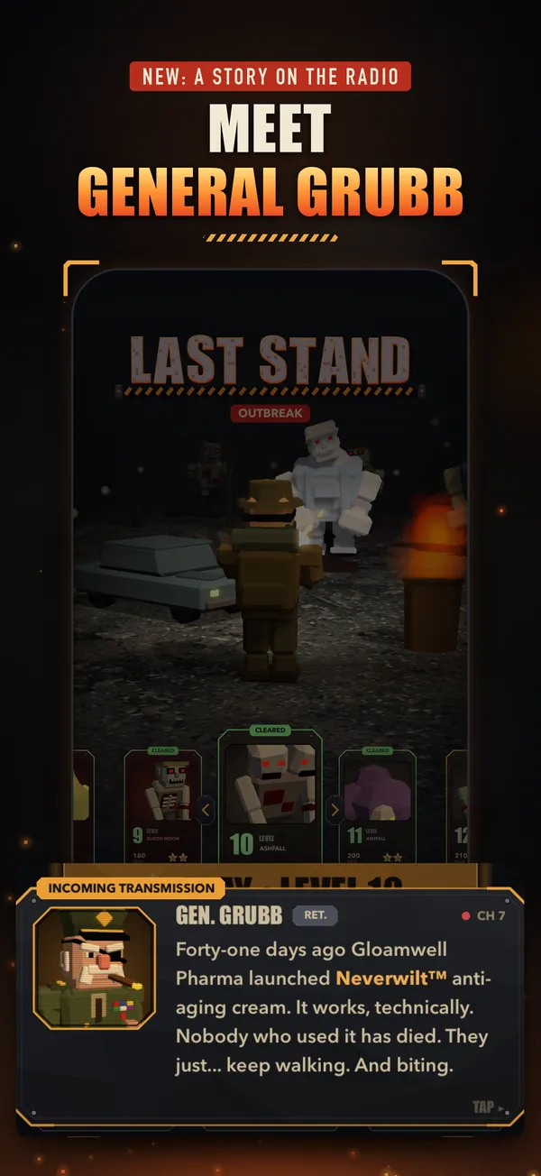 Meet General Grubb: the general explains the outbreak over the radio on the main menu