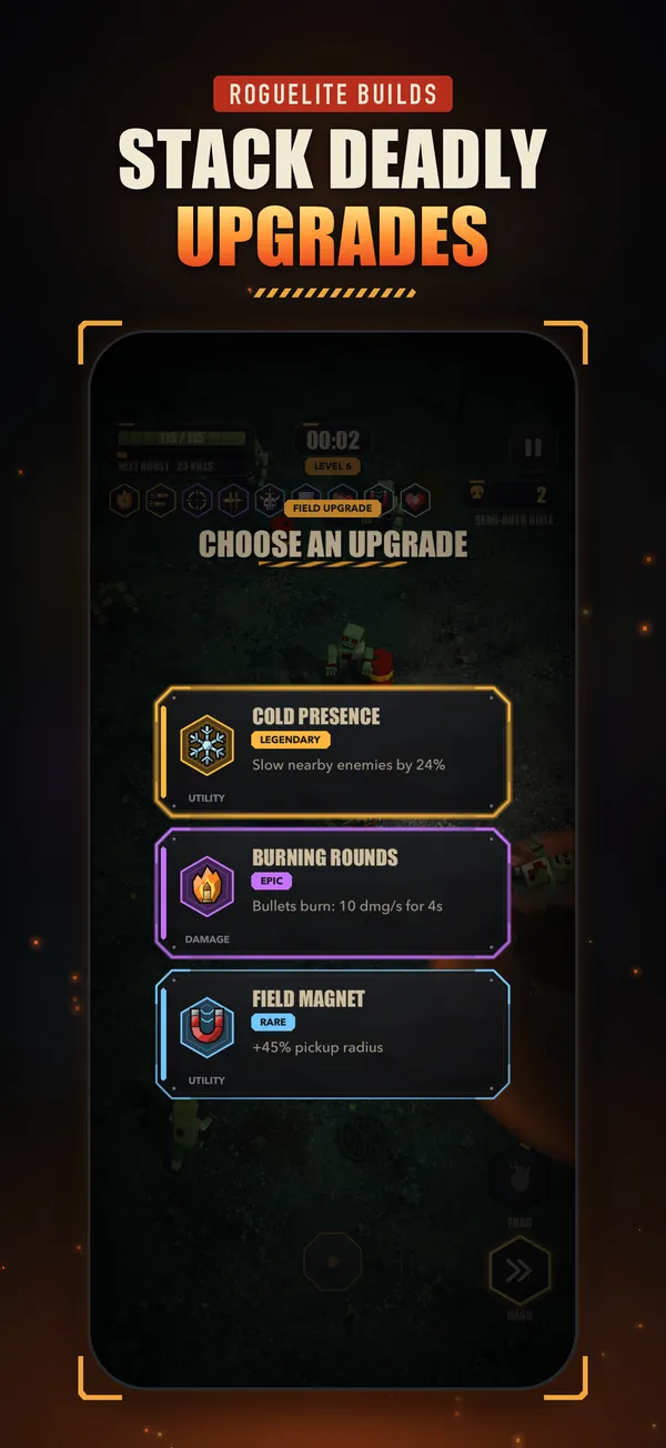 Stack deadly upgrades: choose one of three legendary, epic and rare upgrade cards