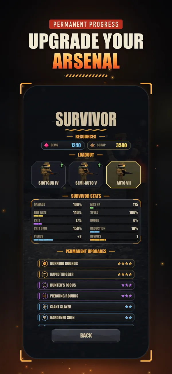 Upgrade your arsenal: the Survivor screen with weapons, stats and permanent upgrades